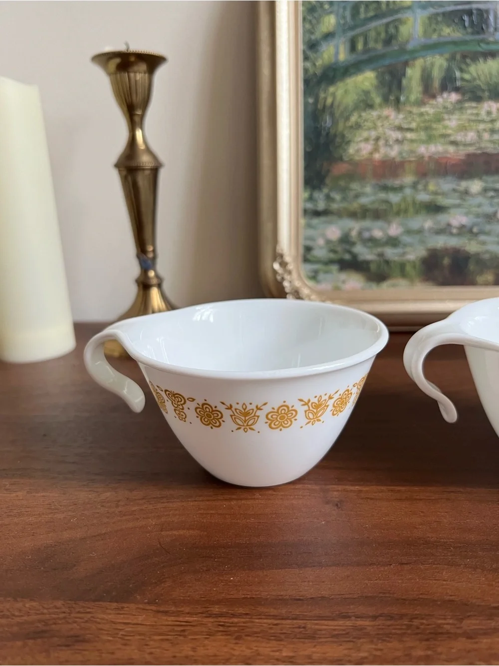 1970s Corelle Butterfly Gold Milk Glass Set of 3, 6 oz White/Gold